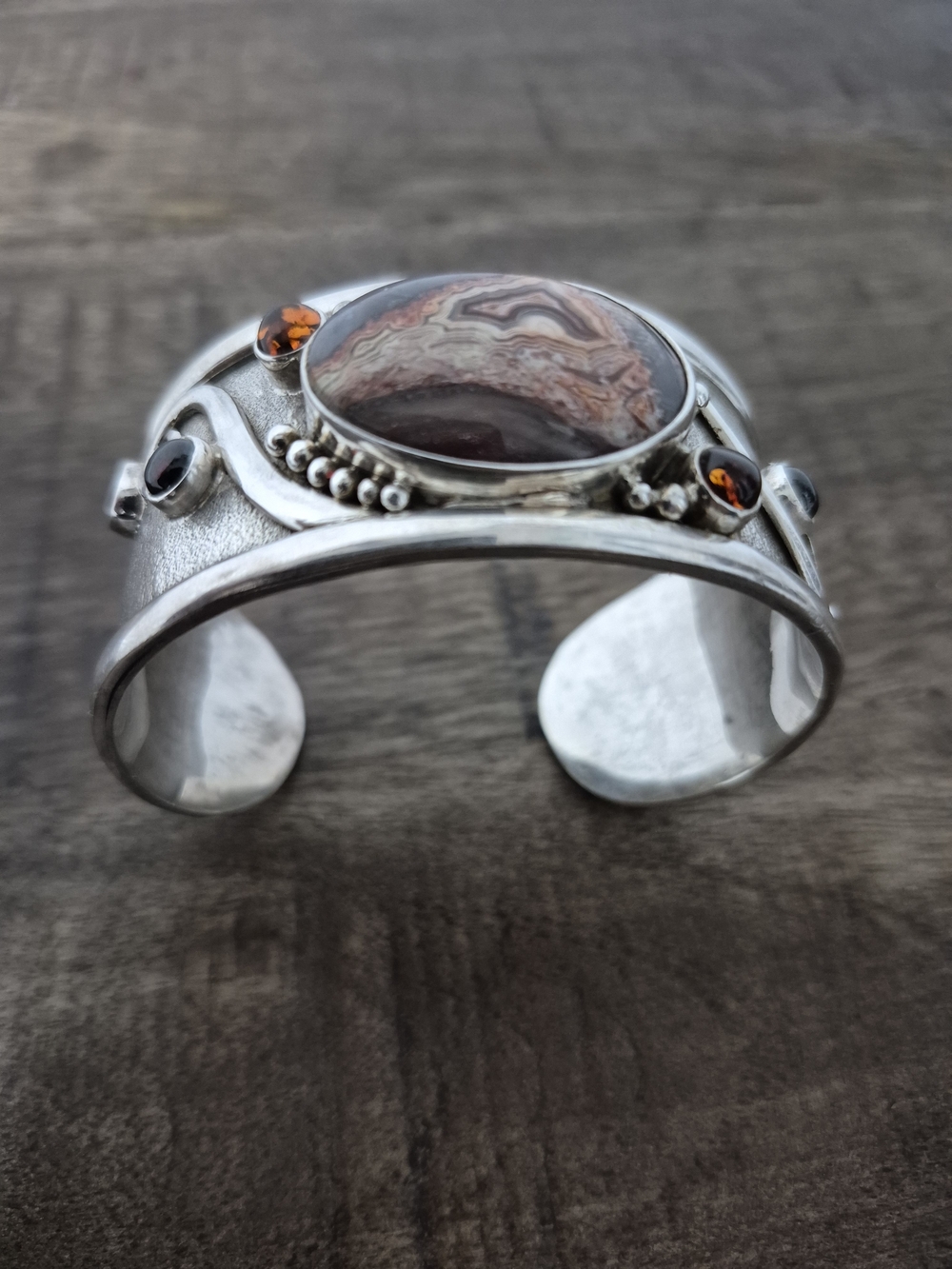 Vintage Sterling Silver 925 Crazy Lace Agate Wide Cuff Bracelet 73 Grams